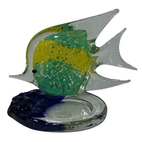 Partylite Tealight Candle Holder Figurine 4" Green Blue Tropical Fish Art Glass - Picture 1 of 7